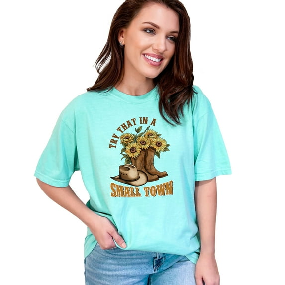 Vintage Western Sunflower Boots T-Shirt, Country Life Graphic Tee, Cute Cowgirl Hat Shirt, Town Living Top, Gift for Her, Chalky Mint Comfort Colors T-Shirt, Small