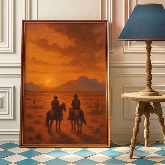 Vintage Western Sunset Print: Cowboy Horseback Riders, Wild West Decor