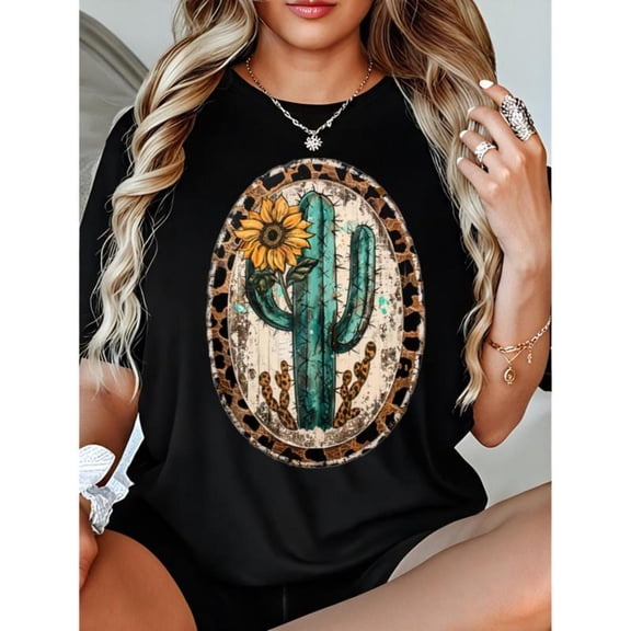 Vintage Western Turquoise Graphic Tee, T-Shirt for Women, Turquoise Cactus Sunflower Leopard Print Tops，Fashion，cotton，black，S-5XL