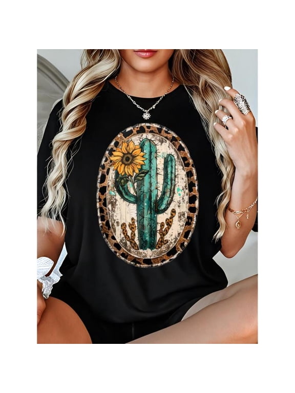 Vintage Western Turquoise Graphic Tee, T-Shirt for Women, Turquoise Cactus Sunflower Leopard Print Tops,Fashion,cotton,black,S-5XL