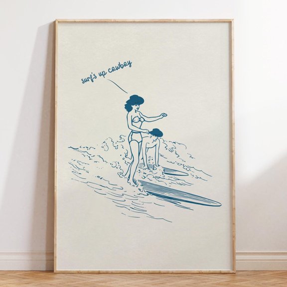 Vintage Western Wall Art Vintage Cowboy Art Surfing Poster Aesthetic Room Decor Blue Retro Home Decor Retro Western Wall Art Wild West Print Wall Art, Modern Wall Decor, 8x12 UNFRAMED