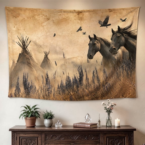 Vintage Western Wild Horses Teepee Landscape Wall tapestry Large size Printed Horizontal Tapestry blanket Polyester Fabric Wall Hanging for living room bedroom No Installation Required Indoor O