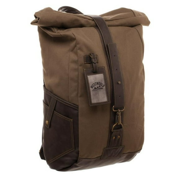 Vintage Westworld Durable Roll Top Canvas Travel Backpack with Luggage Tag