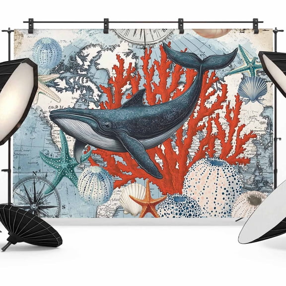 Vintage Whale Backdrop for Photoshoot,Photography Photo Studio Background Wall Backdrop,Retro Coastal Coral Nautical Ocean Back Drop Banner Panel for Portraits Wedding Live Streaming Decor 8x6Ft