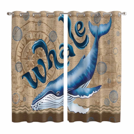 Vintage Whale Kitchen Curtains Window Panels, Brown Nautical Anchor Bubbles Coastal Insulated Window Treatment Curtain, Grommet Curtains for Bedroom/Living Room/Bathroom, 2 Piece 42"Wx63"L