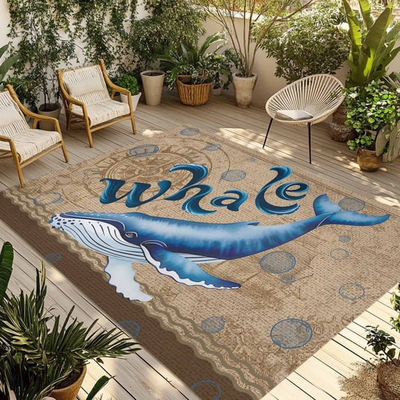 Vintage Whale Outdoor Rug for Patio/Deck/Porch, Non-Slip Large Area Rug 3 x 5 Ft, Brown Nautical Anchor Bubbles Coastal Indoor Outdoor Rugs Washable Area Rugs, Reversible Camping Rug Carpet Runner