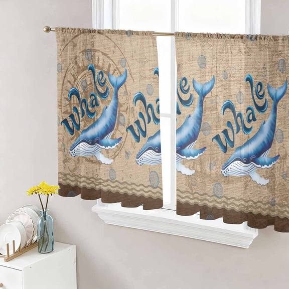 Vintage Whale Sheer Curtains 45 Inches Length 2 Panels Set, Window Sheer Curtains for Living Room/Bedroom, Brown Nautical Anchor Bubbles Coastal Light Filtering Rod Pocket Curtain 52''x45''x2