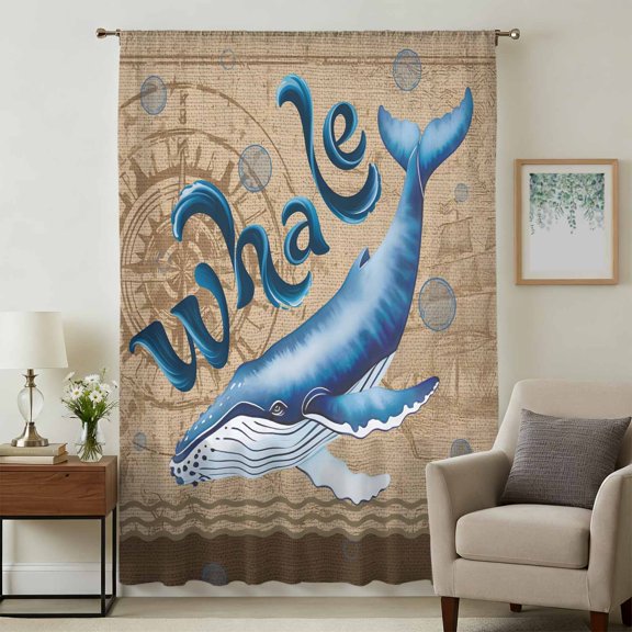 Vintage Whale Sheer Curtains 45 Inches Long for Bedroom, Brown Nautical Anchor Bubbles Coastal Light Filtering Privacy Drapes, Breathable Semi Sheer Short Window Treatment for Kitchen Cafe Bathroom