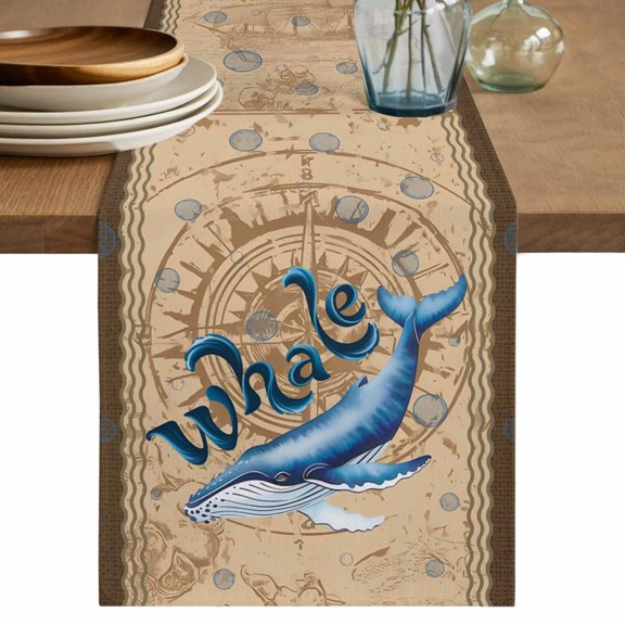 Vintage Whale Table Runner, Brown Nautical Anchor Bubbles Coastal Washable Cotton Linen Table Runners 36 Inches Long, Dresser Scarf Runner for Nightstand/End Tables/Round Tables 13''x36''