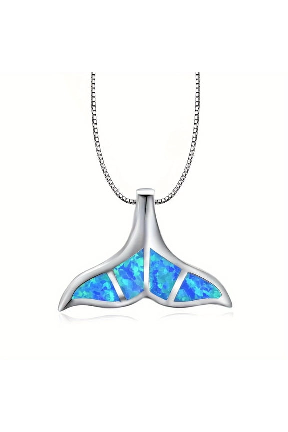 Vintage Whale Tail Pendant Necklace, Synthetic Blue Opal, Silver Plated Copper - Elegant, Unique Gift for All Seasons, Valentine's Day,Blue
