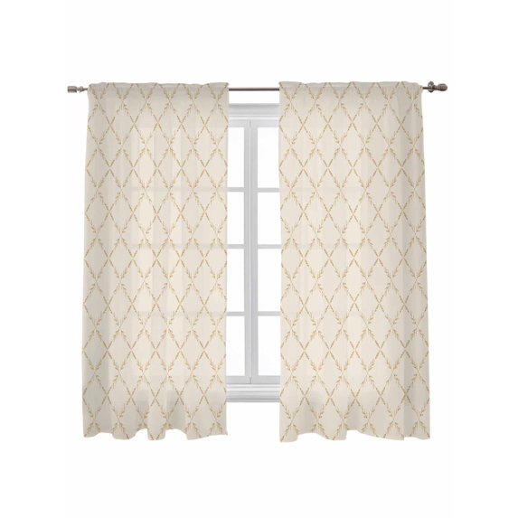 Vintage Wheat Color Curtains 63 Inch Length, Sheer Curtains for Bedroom Living Room Window Geometric Abstract Diamonds Plaid Rod Pocket Drapes Kitchen Curtains Small Half Window 42"x63" 2 Panels