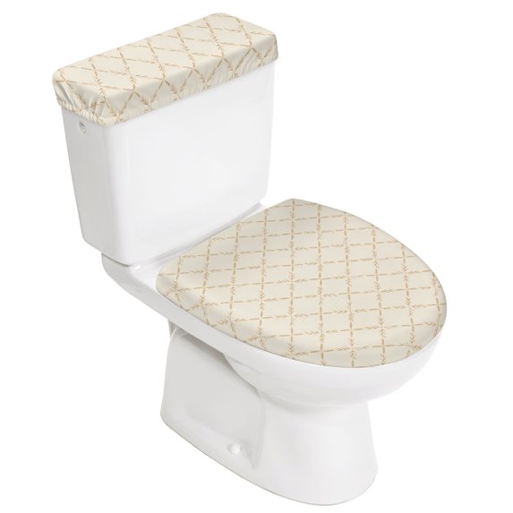 Vintage Wheat Color Toilet Lid Cover and Tank Cover Set, Vintage Wheat Color 2pc Stretch Toilet Lid Seat Covers for Bathroom Washable Protector with Elastic Edge for Standard & Elongated Toilets