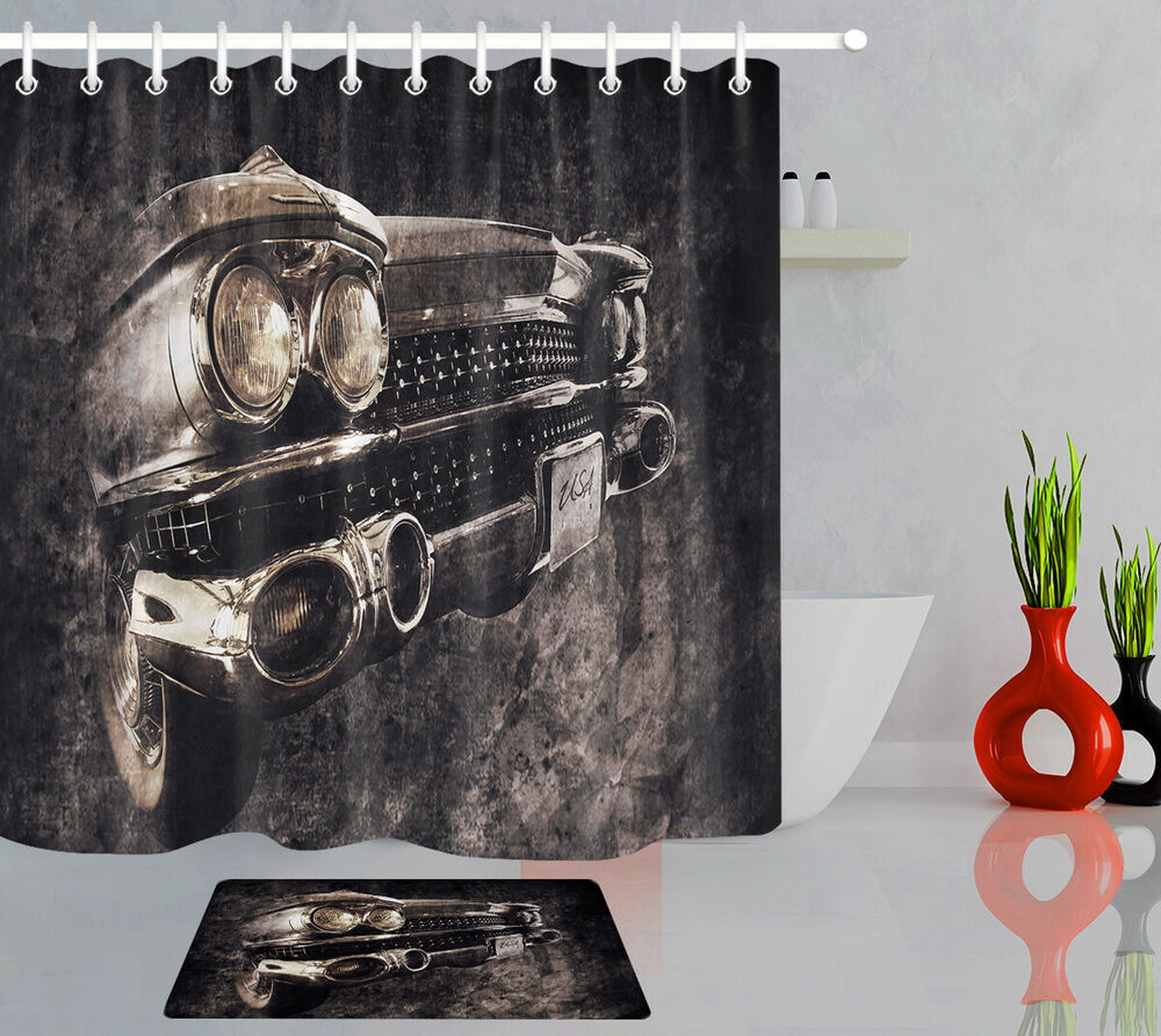 Vintage Wheels Fabric Shower Curtain Classic Car Bathroom Decor