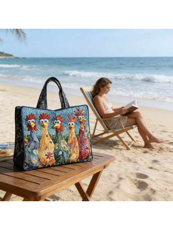 Vintage Whimsical 5-Chicken Quilted Tote Bag for Women, Colorful Patchwork Rooster Shoulder Bag, Large Cloth Handbag for Beach, Market & Everyday Use(L:4*16.93*15.87 in)C