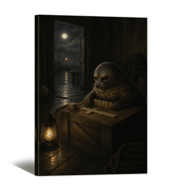 Vintage Whimsical Canvas Wall Art Seal Playing Card Moonlit Picture ...