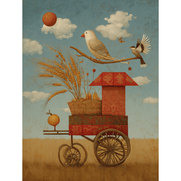 Vintage Whimsical Cart with Birds & Wheat Canvas Print, Suitable for Living Room, Bedroom, Kitchen, Office, Hallway
