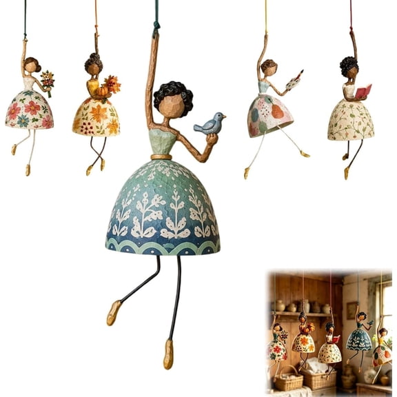Vintage Whimsical Dancing Lady Hanging Decor,Folk-Art Wind-Swaying Figurine with Bell Skirt,Cottage Garden Accent for Covered Porch and Window
