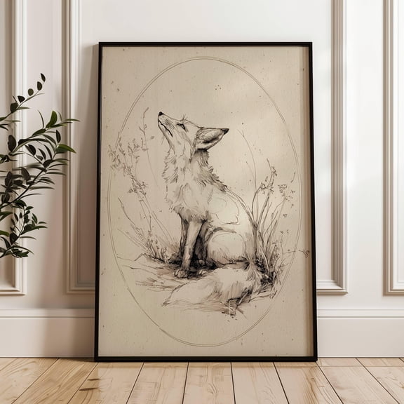 Vintage Whimsical Fox Line Drawing | Kitchen Wall Decoration | Minimalist Neutral Animal Wall Art | Rustic Woodland Animal Sketch UNFRAMED Poster, Wall Art for Decor, Present, 8x12