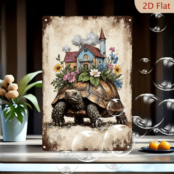 Vintage Whimsical Tortoise with House on Shell, 8x12in Metal Wall Art Sign Featuring Blue Home, Red Roof, Chimneys and Flowers, Rustic Decorative Tin Plaque for Home Office Garden