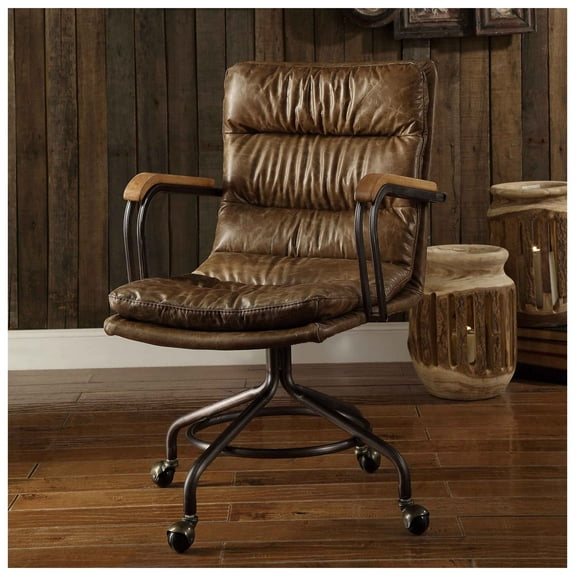 Vintage Whiskey Swivel Office Chair with Casters Solid + Vintage + Office + Foam + Rectangular + Industrial + Office Chairs + Solid Back + Swivel + Leather