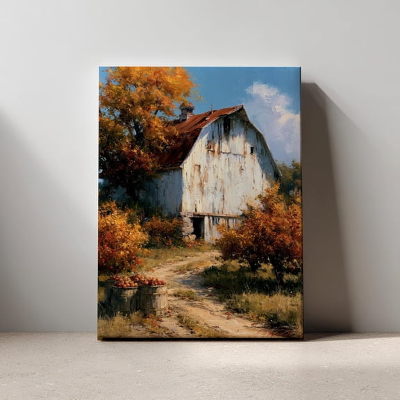 Vintage White Barn Fall Landscape Wall Art Cozy Farmhouse Autumn Apple Barrel Room