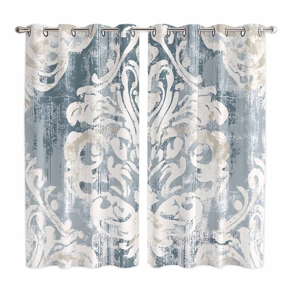 Vintage White Beige Floral Kitchen Curtains 63 Inch Length, Abstract Art Flower Grommet Top Bedroom Living Room Curtains, Light Filtering Cafe Curtain Drapes 2 Panels Set 84''x63''