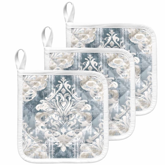 Vintage White Beige Floral Pot Holders for Kitchen Heatproof Potholder, 3 Pack Abstract Art Flower Hot Pads Multipurpose Oven Pads Cloth Potholders Trivet for Cooking Baking