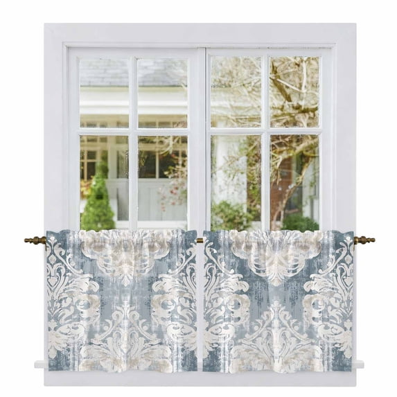 Vintage White Beige Floral Tier Curtains, Abstract Art Flower Light Filtering Kitchen Curtains, 2Pcs Rod Pocket Half Window Treatments Panels for Sink Cafe Cabinet Camper 27.5x24 Inches