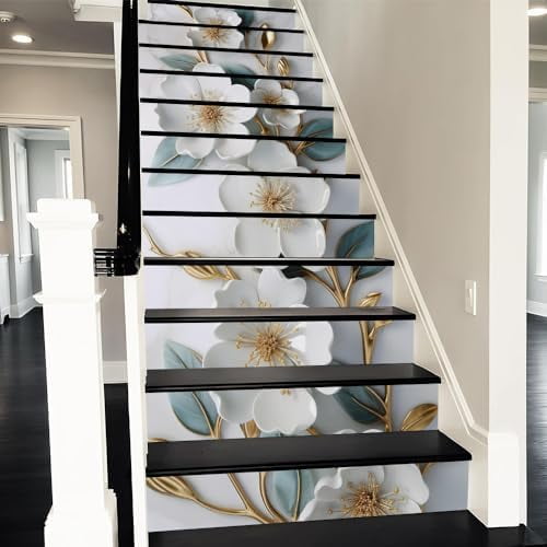 Vintage White Blue Golden Flower Peel and Stick Vinyl Stair Riser Decals Staircase Tile Stair Stickers Abstract Art Modern Marble Decoration Self-Adhesive Stair Decals (14 Pcs)$$Tools