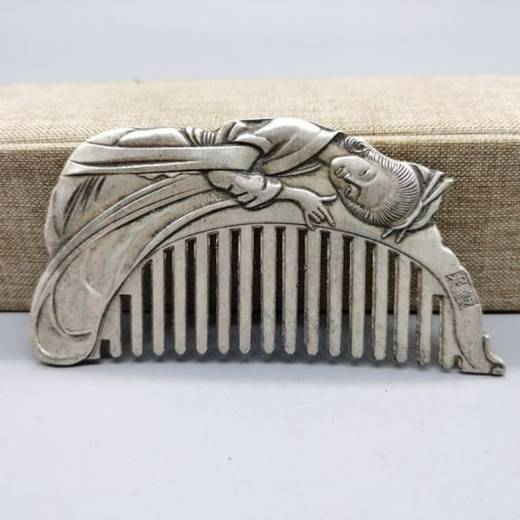 Vintage White Brass Comb Carved Beauty Figure Hair Brush Antique Style Collectible Makeup Tool for Women Gift