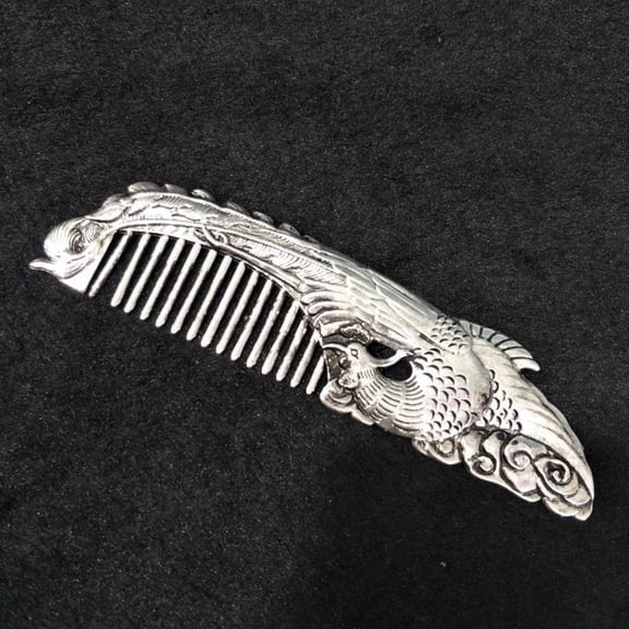 Vintage White Brass Phoenix Hair Comb Imitation Antique Style Chinese Collectible Decorative Hair Accessory for Women