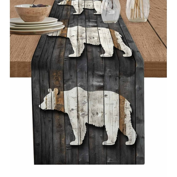Vintage White Brown Bear Burlap Cotton Table Runner 13x36 Inches Short, Retro Country Rustic Wood Grain Farmhouse Table Runners, Outdoor Dining Tablecloths Decor for Baby Shower/Party/Wedding