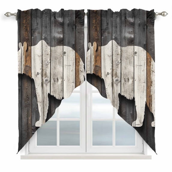Vintage White Brown Bear Kitchen Window Curtains, Swag Curtains Valance for Bedroom Living Room Bathroom, Retro Country Rustic Wood Grain Rod Pocket Window Curtain Block Drapes 2 Panels 36"x63"