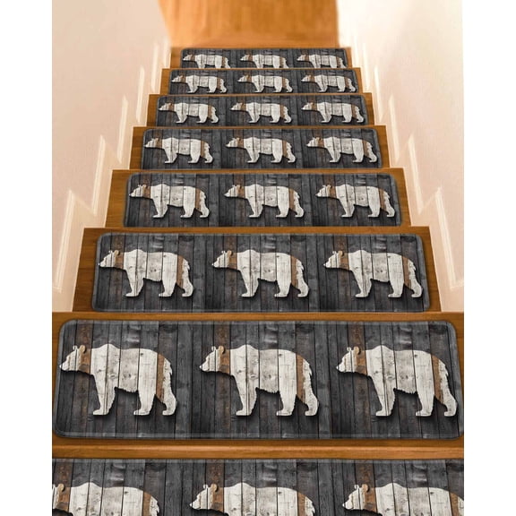 Vintage White Brown Bear Stair Treads for Wooden Steps Indoor Runner Rug Carpet, Retro Country Rustic Wood Grain 7 Pieces Peel and Stick Staircase Step Treads Covers Washable Throw Door Mats, 30"x8"