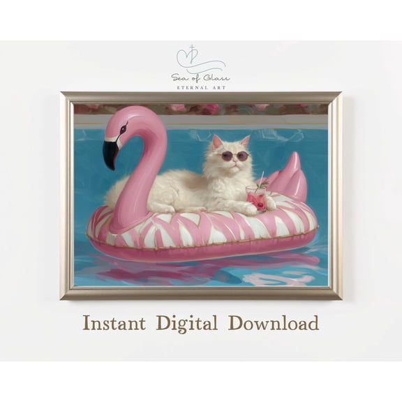 Vintage White Cat Art Flamingo Pool Float Retro Summer Decor, Unframed Paper Print