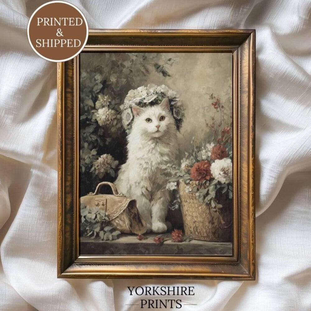 Vintage White Cat Poster, Cottagecore Kitten, Floral for Display in ...