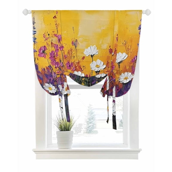 Vintage White Daisy Tie Up Curtains for Window, Thermal Insulated Balloon Shade Adjustable Rod Pocket Curtains Valance Panels for Kitchen Bathroom Cafe 42 x 45 Modern Oil Painted Botanical