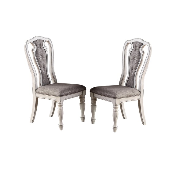 Vintage White Dining Chair Of 2, Grey Upholstery, Button Back, Stable Wooden Structure, 200 Lbs Weight Capacity, Assembly Required Upholstered (2), Look, Wood Construction,