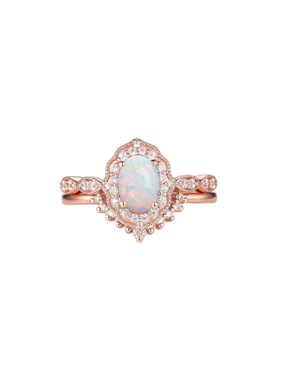 Vintage White Fire Opal Engagement Ring set in 14k Rose Gold Vermeil - Halo Opal Anniversary Promise Ring Gift for women