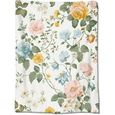 Vintage White Floral Blanket Soft Green Background with Elegant Magnolia and Blossom Design Cozy Throw