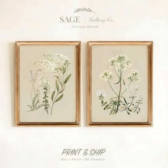 Vintage White Flowers, Set of 2 Prints, Botanical Art (Unframed), Poster Only