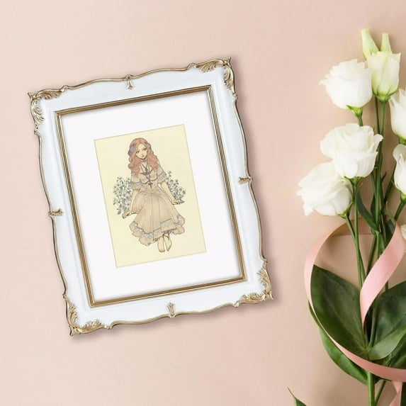 Vintage White Gold Picture Frame 8x10 with Mat, Ornate Decorative Frame for Desktop or Wall