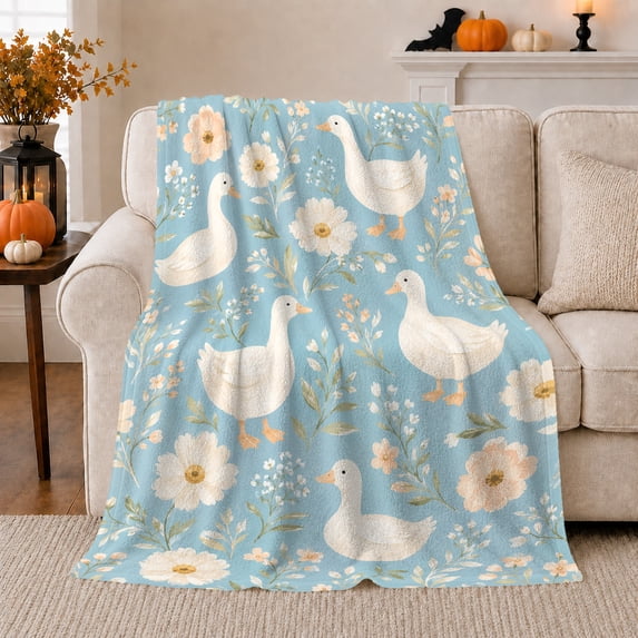 Vintage White Goose Floral Teal Cottagecore, Peaceful Bird Art Scene, Warm Flannel Blanket for Ranch House and Living Room, Bird Lovers Friendship Gift, Artistic Home Decor
