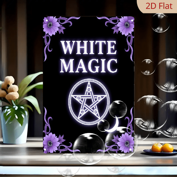 Vintage White Magic Spell Book Aluminum Sign - Mystical Pentagram Crescent Moon Floral Design, Durable Frameless Wall Decor for Wiccan Beginners, American Gothic Style Home Bar Cafe Garage Deco
