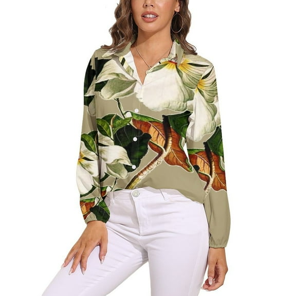 Vintage White Magnolia Pattern on Khaki Background Long Sleeve Blouse Woman Streetwear Casual Shirts Summer Oversize Woman Streetwear Clothing Birthday Present