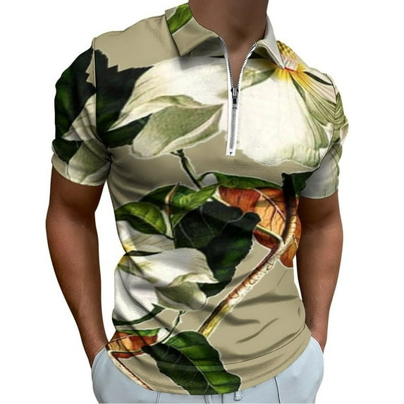 Vintage White Magnolia Pattern on Khaki Background Men Zipper T-shirt Summer Casual Short Sleeve T-shirt Top