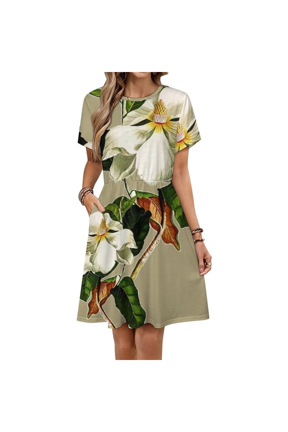 Vintage White Magnolia Pattern on Khaki Background Short Sleeve Dress Women Summer Evening Dresses Ladies Sundress