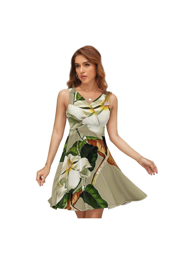Vintage White Magnolia Pattern on Khaki Background Sleeveless Dress Women Summer Evening Dresses Ladies Sundress