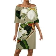 LINGTAIN Vintage White Magnolia Pattern on Khaki Background Women's Off The Shoulder Ruffles Summer Wedding Guest Loose Casual Party Beach Dress