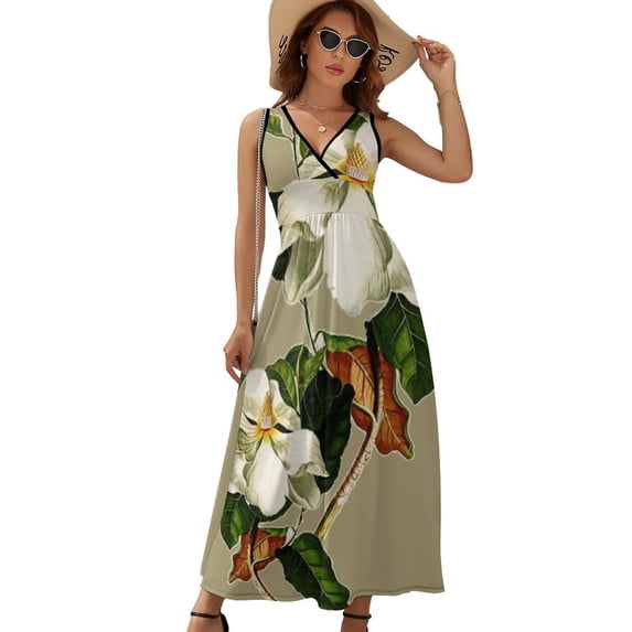 Vintage White Magnolia Pattern on Khaki Background Womens Night Club Maxi Dress V Neck Sleeveless Bohemia Long Dresses